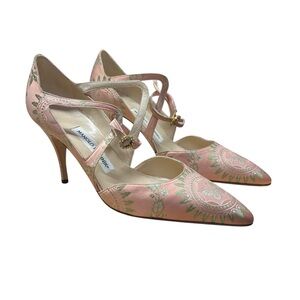 Manolo Blahnik Pink Silk Jacquard D’Orsay Heels Crystal Button Pumps
